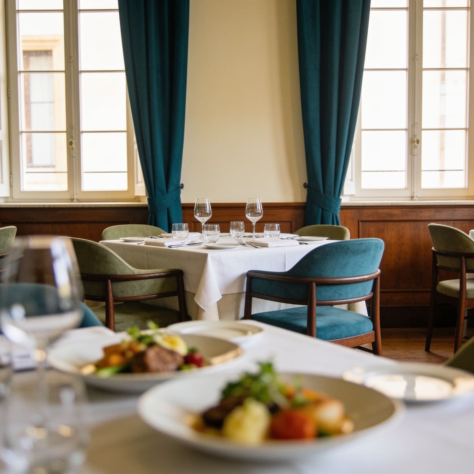 Sala elegante di un ristorante italiano con tavoli apparecchiati e piatti stagionali